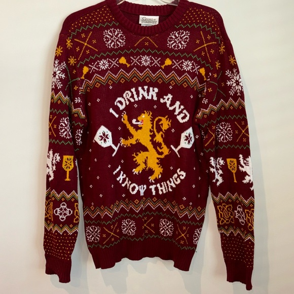 Game of Thrones‎ Mens Red I Drink And Know Things Ugly Christmas Sweater - Picture 1 of 3